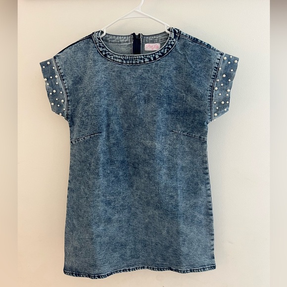 Pink Lily Dresses & Skirts - Pink Lily Denim Dress with pearl studded sleeves - brand new! Size xs.